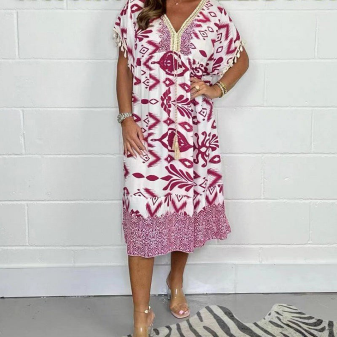 NADIA | Letnia sukienka z dekoltem V i frędzlami na krótkich rękawach