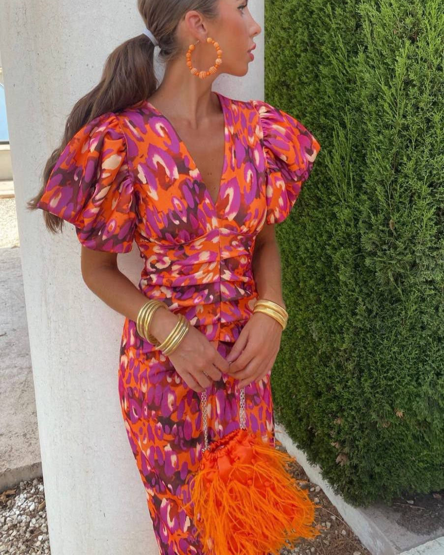 SIMONA | Sukienka elegancka z dekoltem w serek i bufkami