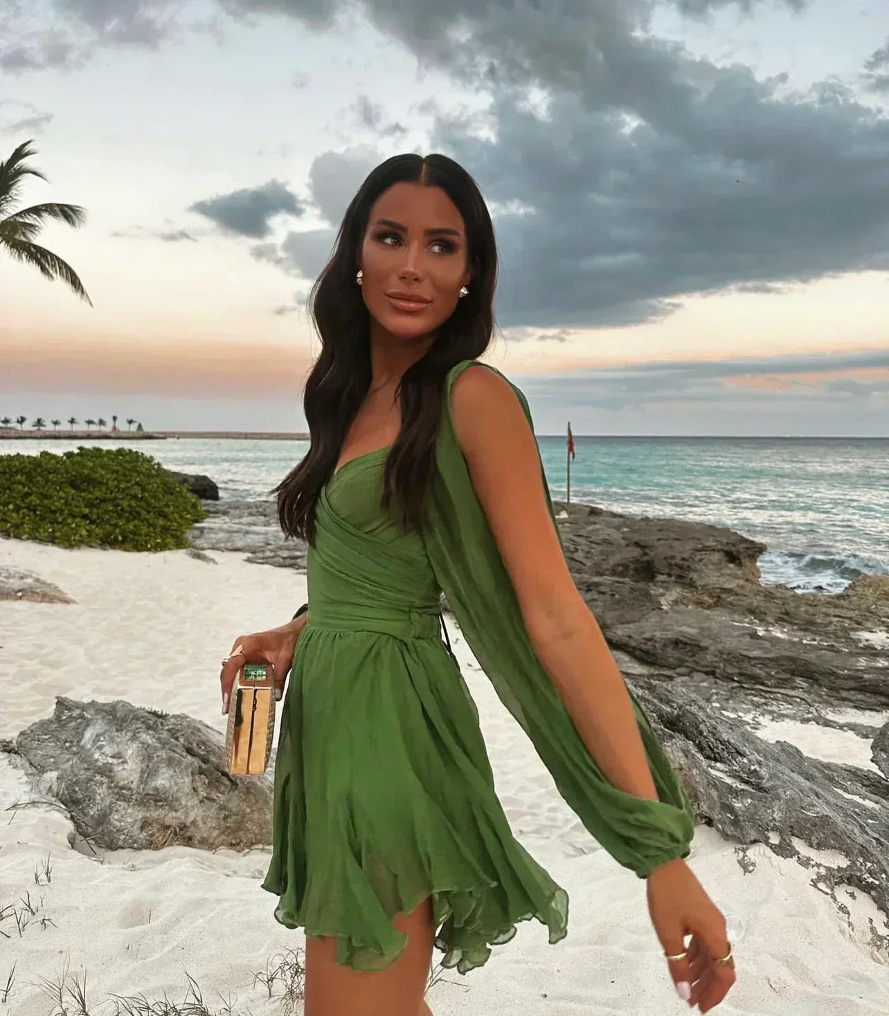 MARLENA | Zwiewna sukienka z szyfonu z transparentnymi rękawami